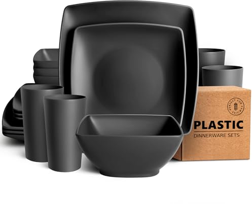 Teivio 16-Piece Kitchen Reusable Plastic Square Dinner Set, Service for 4, Dinner Plate, Dessert Plate, Cereal Bowl, 13.5 oz Cup, Unbreakable Plastic Plate and Bowl Set, Outdoor Camping Dishes, Black
