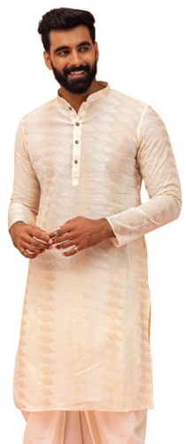 KISAH Men's Printed Cotton Kurta – Regular Fit Long Tunic with Mandarin Collar | Ethnic Wear for Festive Occasions, White1, 38-39 & Thanksgiving