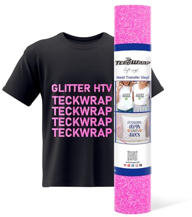 TECKWRAP Hot Pink Glitter HTV, Pink Glitter Vinyl Iron On Vinyl for Cricut, Pink HTV, Hot Pink Glitter Heat Transfer Vinyl Roll 25cm x 153cm Heat Press for T-Shirts, Clothing & Fabric