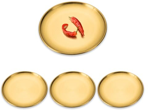 HIOQFR 4 pcs Goldener Teller Tablett Gold Rund 14 cm Aufschnittplatte Servierplatte Edelstahl Dekoratives Tablett Serviertablett Servierteller Dekoteller Gold Metall für Schmuckständer,Kellnertablett