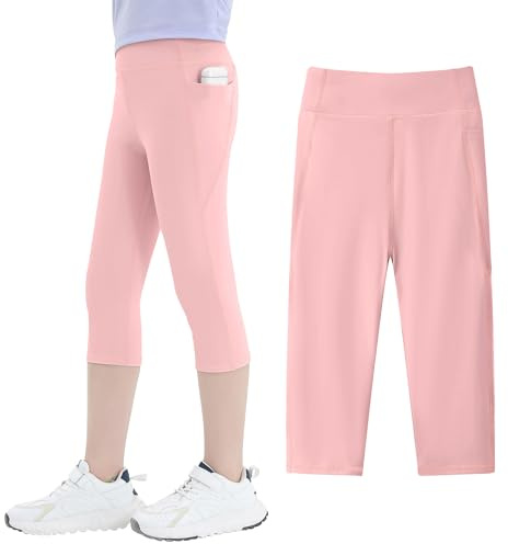 JinBei Ninas sportleggings för flickor, mjuka, stretchiga Capribyxor med fickor, Rosa, 10-11 år