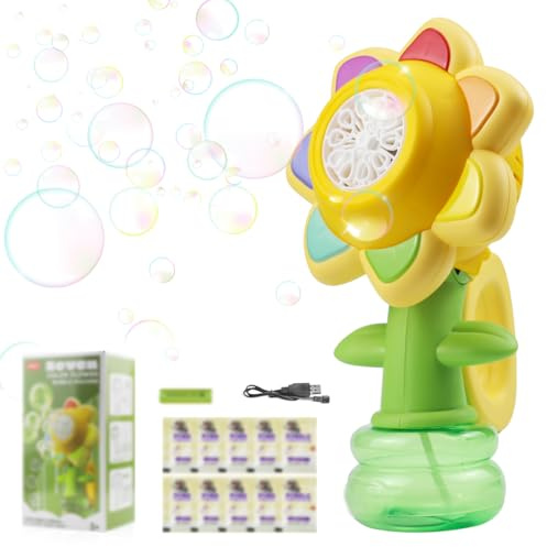 Suevut Máquina de Burbujas con Forma de Flor para Niños, Máquina de Burbujas Recargable con 3 Modos (Luz, Baile, Burbujas), Ideal para Cumpleaños, Fiestas y Juego Interior o Exterior