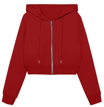 SOFIA'S CHOICE Zip Up Hoodie Women Causal Long Sleeve Cropped Jacket with Pockets Red Large