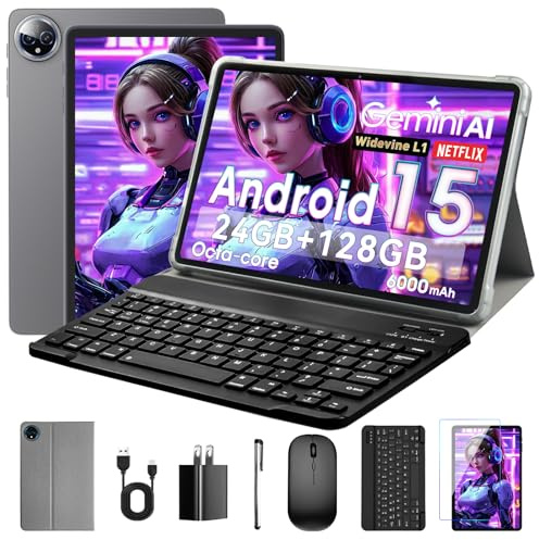Aobante 10 Inch Tablet, Android 15 with 24GB RAM + 128GB ROM (1TB Expandable), Octa-Core, 1280x800 IPS HD Touchscreen, 5MP+8MP Dual Camera, 6000mAh, Tablet with Keyboard, Mouse, Widevine L1(Gray)