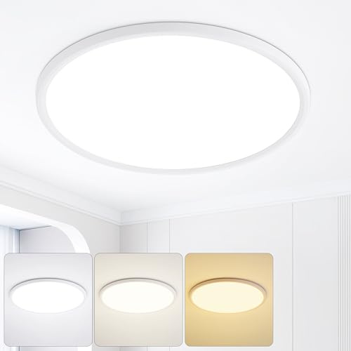 KIWIVIC 24W Bathroom Light, LED Ceiling Light 3000K/4000K/6500K, Flush Round Lights Ceiling for Kitchen Bathroom Hallway Closet, White, Ø30cm