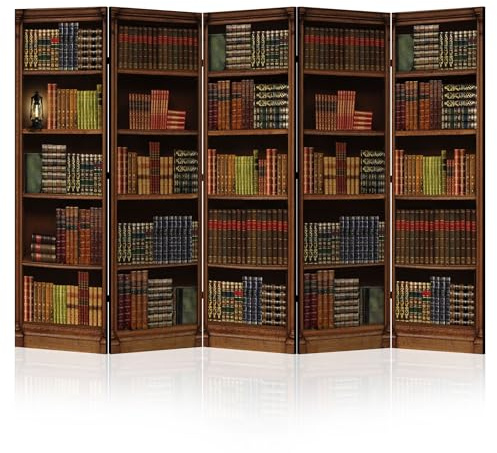 LUMASOUL Biombo Separador de Ambientes Unilateral - Retro Bibliotecario Motivo - Biombos Separadores de 5 Paneles - Biombos Decorativos para Divisor Ambientes - 225x172cm