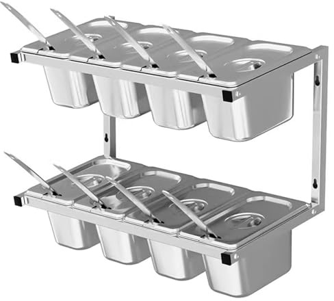 Stainless Steel Pizza Topping Station, Wall-Mounted 2-Tier Grill Table Cart with 10 Grids for Efficient Kitchen Organization in Restaurants