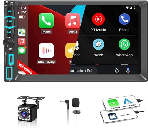 Radio Coche 2 DIN con Carplay y Android Auto Inalámbrico, Autoradio 2 DIN con Pantalla Táctil de 7 Pulgadas y Cámara Trasera, Mirror Link, Bluetooth, FM, Am, RDS, Tipo-C, USB, Navegación GPS
