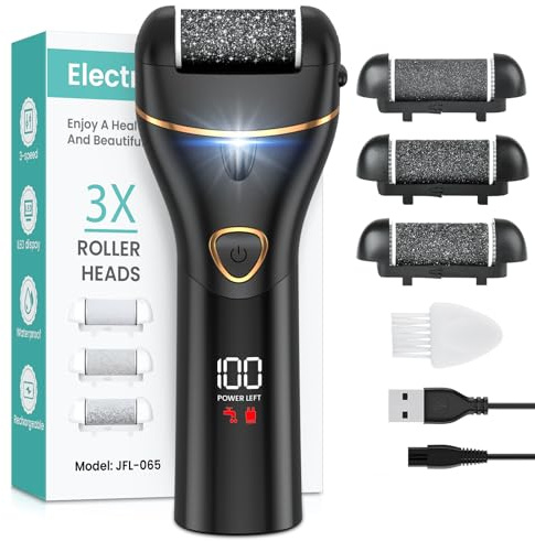 Rapeuse pieds électrique rape pied, kit pédicure professionnel anti-callosités et exfoliant, ponceuse rechargeable, étanche IPX7, pour la maison, avec 3 rouleaux de remplacement, 2 vitesses, noir