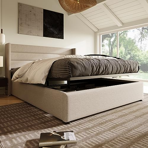 Polsterbett 160x200cm Doppelbett mit stauraum,Hydraulisch Stauraumbett mit Lattenrost,Funktionsbett Jugendbett mit Stauraum,Boxspringbett 160x200cm Bett mit stauraum (Leinen,Beige)
