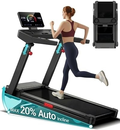 Foldable Treadmills for Home with 20% Auto Incline, 14KM/H Treadmill with Handles, Running Machine for Heavy People, 180KG Weight Capacity, Large Running Belt and Intelligent LED Touch Screen