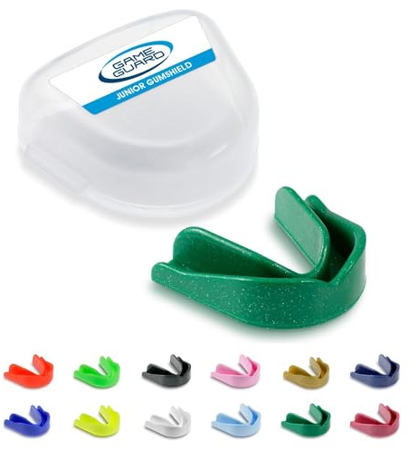 GAME GUARD protector bucal para hervir y morder/protector de encías - protector bucal moldeable/protectores de encías - júnior/niños/jóvenes - Aprobado por CE, deportes escolares, rugby (Brillo Verde)