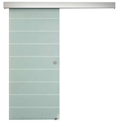 HOMCOM 90cm Sliding Glass Door with Hardware Track Kit, Frosted Tempered Glass with Stripe Pattern, Round Handle
