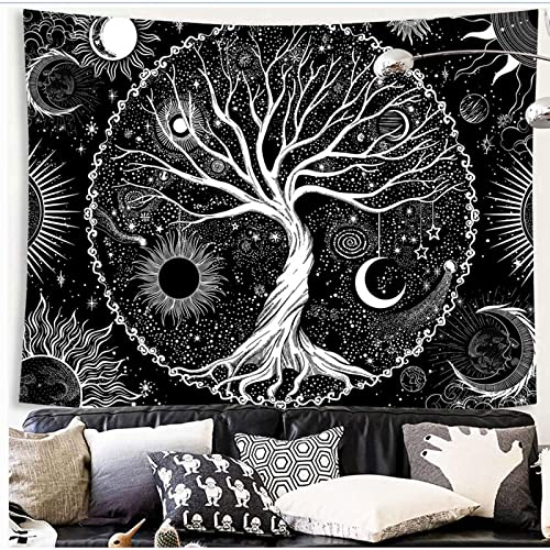 Sequpr Baum des Lebens Wandteppich Sonne Mond Tapisserie Schwarz Wandbehang Wandtuch Wanddeko Wandteppich für Schlafzimmer Wohnzimmer Wohnheim (130x150cm)