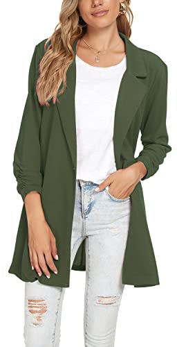 Unifizz Women's Long Length Blazer Ruched 3/4 Sleeve Notched Lapel One Button Boyfriend Work Office Blazers Jacket - Army Green, Size M