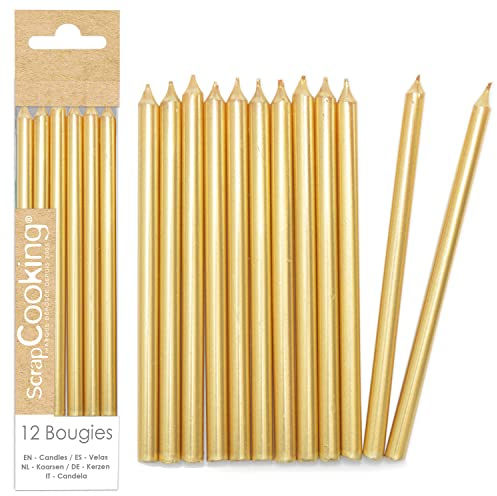 ScrapCooking - 12 Candele lunghe dorate - Candele d'oro per torta di compleanno - Decorazione per bambini adulto, in paraffina con picchi, accessorio per feste e pasticceria - 0348