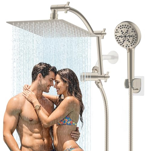 Hibbent All Metal cUPC Certified Shower Head, 10'' High Pressure Rain Shower Head, Handheld Showerhead Combo with 16'' Adjustable Extension Arm, 10 Sprays, 71'' Hose, Showerhead Holder, Brushed Nickel