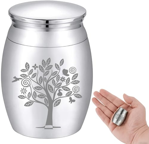 CREATCABIN Urna Pequeña de Recuerdo Árbol de la Vida Mini Urnas de Cremación Soporte para Cenizas Miniatura Entierro Funeral Contenedor Tarro Grabado Acero Inoxidable para la Familia Humana Amigos