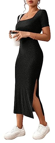 GORGLITTER Vestido ajustado con hendidura para mujer, manga corta, vestido de verano, vestido de lápiz, vestido informal, vestido de camiseta, vestido, Negro , L