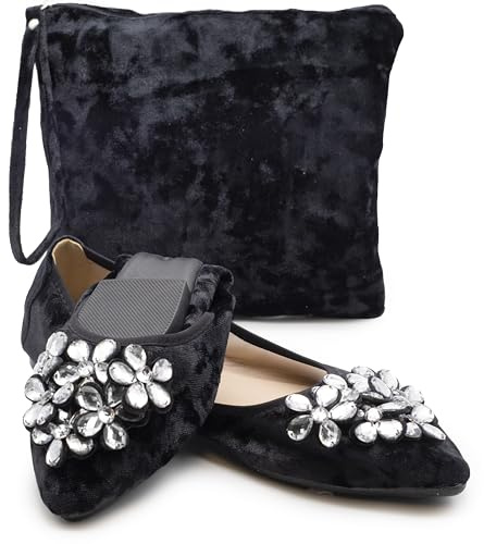 Silky Toes Foldable Flats for Women | Dressy Comfortable Pointed Toe Shoes for Weddings, Events & Travel (Black, 8)