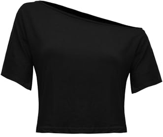MBN Womens Short Sleeve Crop Top One Shoulder Stretch Plain Cropped T Shirt Black S/M (UK 8/10)