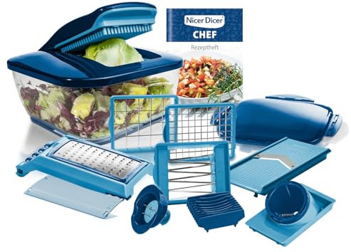 Genius Gemüseschneider Gemüsehobel Nicer Dicer Chef 15 tlg, Gemüse Schneider, Spiralschneider, Reibe für Gemüse und Käse, Multizerkleiner, Gurkenhobel, Vegetable Chopper, Blau