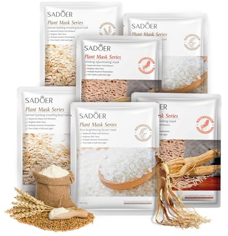 Shefave Tuchmasken Gesicht 6 Stück Gesichtsmasken Set, Feuchtigkeitsmaske Gesicht Masken Beauty, Reis Tuchmaske, Ginseng verjüngend Face Mask, Haferprotein-Extrakt Maske, Sheet Mask Korean