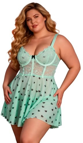 comeondear Dentelle Nuisette avec Armatures Robe Sexy Femme Érotique Grande Taille Lingerie Coquine Hot Chemises de Nuit Transparent Babydoll Maille Dos Nu Robe de Nuit avec G-String Vert,L