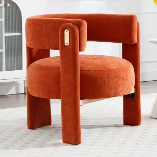 chairus Fauteuil Salon Confortable Chaise Rembourrée en Chenille Fauteuil Scandinave Chaise Coiffeuse avec Pied en Bois, Orange