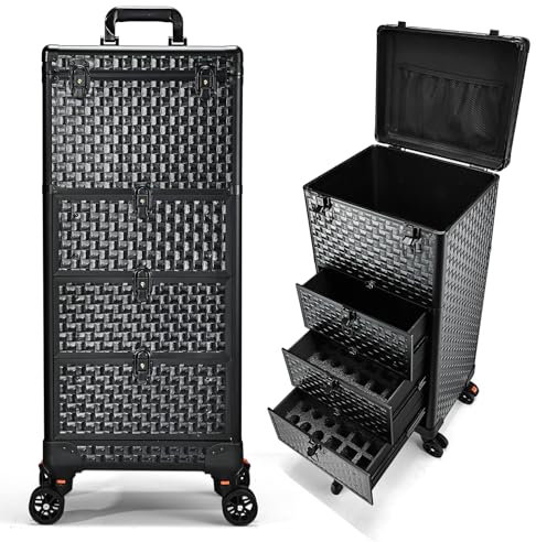 Kosmetik Trolley mit 3 Schubladen Friseurkoffer Groß Kosmetikkoffer Ngaelkoffer Make up Koffer mit 360° drehbare Rollen Schminkkoffer Abschließbarer Nageldesign Koffer Werkzugkoffer,Schwarz