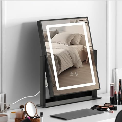 GREEN MORE Specchio cosmetico con illuminazione, specchio da trucco illuminato con piano del tavolo e 3 modalità dimmerabili, controllo touchscreen, specchio cosmetico quadrato