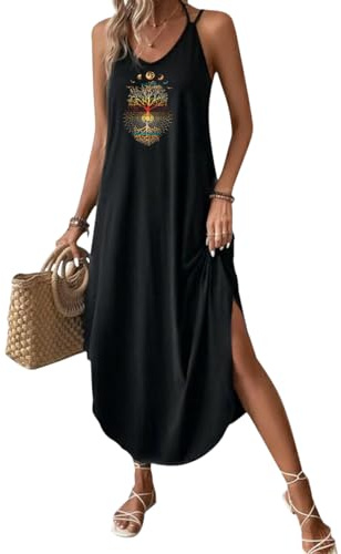 Chicrise Vestido de Verano para Mujer, Espaguetis Largo, sin Mangas, Cuello en V, Vestido de Tirantes, Estampado De Árbol, M
