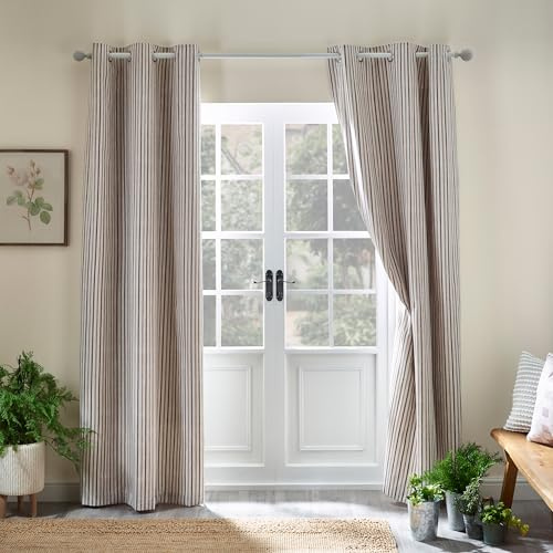 Catherine Lansfield Logan Stripe 66x90 Inch Lined Eyelet Curtains Two Panels Natural
