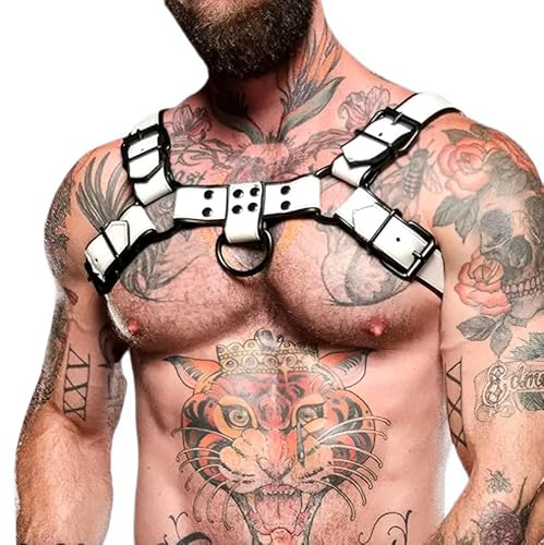 Kinkology Men’s Chest Harness Vegan Leather White & Black Shoulder Strap for Pride, Clubwear & Costumes