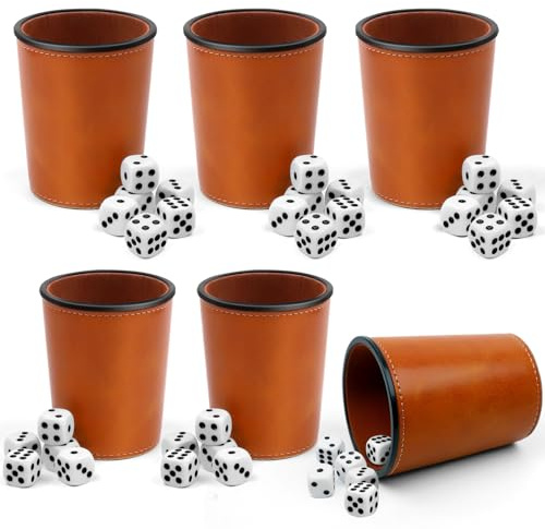 KWGSHN 6 Pièces Gobelet de Jeux de Dés, Ensemble De Gobelets À Dés en Cuir, Coupe à dé en Cuir avec 30 dés pour Les Réunions de Famille, Les Jeux de Fête, Jeux De Voyage