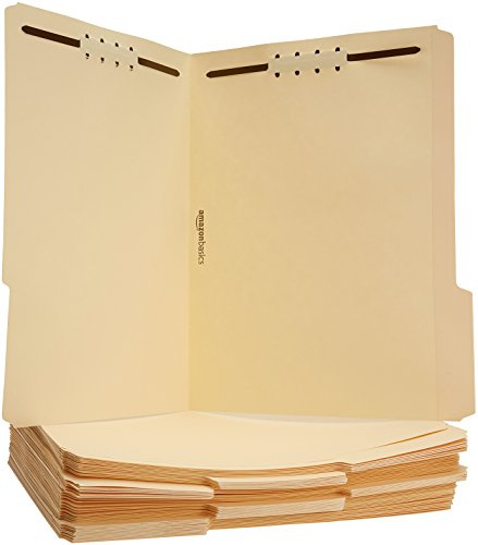 Amazon Basics Manila File Folders with Fasteners, 1/3 Cut Reinforced Tab, Letter Size, Expandable, Document Organizer, Beige, 50-Pack