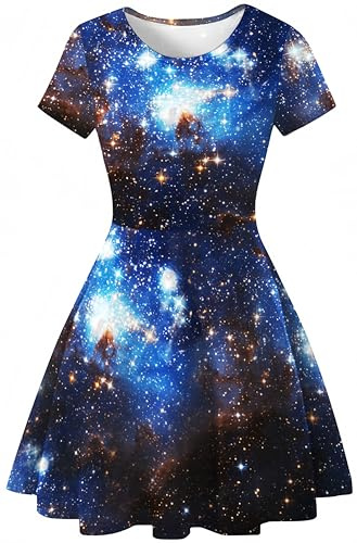 Ocean Plus damer stjärnhimmel digitalt tryck A-linje kortärmad klänning med rund hals kortärmad t-shirt klänning swingkjol gungkjol, Blå galaxy, XL
