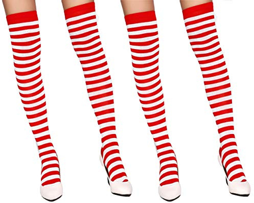 krautwear® dam randiga overknees strumpor 2 par randiga strumpor karneval karneval cosplay 80-talet (2 x röd-vit), röd