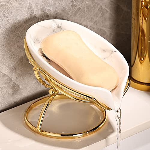 Dobbyby Leaf-Shaped Ceramic Soap Dish with Drain, Holder, Saver, Tray, Bar Soap Holder, Easy Cleaning, for Shower Bathroom Kitchen Sink Bathtub, Pro-Environment White