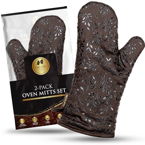 Premium Heat-Resistant Oven Mitts - Stylish and Beautiful - Non-Slip Platinum Silicone Grip - Long and Thick - 100% Natural Cotton Exterior and Soft Terry Cloth Lining - Cook'n'Chic Set of 2 - Brown