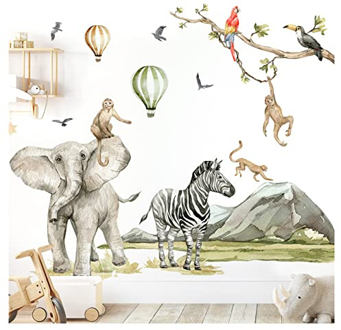 Grandora Wandtattoo Wandsticker Kinderzimmer Safaritiere Affen Wandaufkleber Wanddeko Zebra Sticker Babyzimmer Elefant Spielzimmer Wandbild Kinder Aufkleber DL766-5