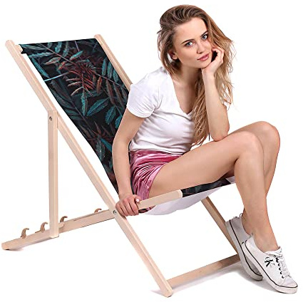 DreamRoots Liegestuhl Klappbar Holz aus Buchenholz, bis 130 kg belastbar, 3-Fach verstellbare Rückenlehne, waschbarer Polyesterbezug