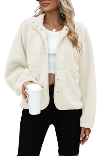 Yanekop Womens Fleece Jacket Fuzzy Long Sleeve Short Winter Coats Button Down Sherpa Jacket Outerwear with Pockets(A Ivory,S)