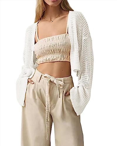 Bigeoosh Cropped Cardigan Sweaters for Women Kimonos Boho Lightweight Summer Open Front Knit Cardigan Outerwear White