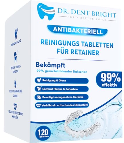 Retainer Reinigungstabletten – 120 Stück für saubere und frische Retainer, Zahnschienen, Gebiss, Zahnersatz – Effektiver Reiniger in Tab-Form für Zahnspangen, Aufbissschienen, Prothesen und Mundschutz