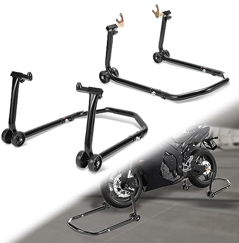 Ikodm Soportes de montaje para motocicleta, elevadores trasero y delantero, soporte para transporte, ancho ajustable, para trabajos de mantenimiento de motos de hasta 300 kg, 2 unidades, negro