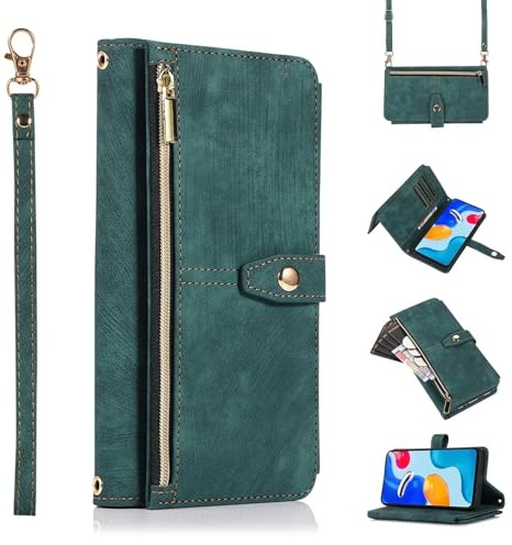 ESONG stötsäkert Plånboksfodral för Xiaomi Redmi Note 13 5G,högklassigt läder flip telefonfodral,Magnetisk mobilfodral case med Crossbody-halsband/9 korthållare/stöd,Fullständigt 360 Skydd,Grön