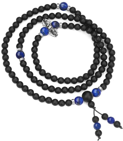 COAI Collana Mala 108 Grani, Bracciale Mala Multistrato 108 Perle in Pietre Naturali, Rosario Tibetano Vajra con Perline di Onice Opaco e Lapislazzuli, Rosario Collana Uomo Donna