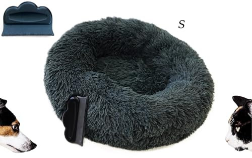Borcelle Natural Hundebett rund INKL. Bürste, Katzenbett flauschig, Ø 50cm, katzenkörbchen für Hundebett Donut, katzenkissen waschbar, Langer Plüsch (Dunkel grau)