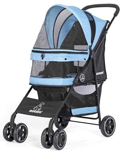 ROODO 4 Wheel Dog Cat Pet Stroller Best Lightweight Foldable Compact Portable Jogger All Terrain Travel Pet Gear Puppy Doggie Bunny Kitty Stroller for up to 30lbs Medium Small Dogs Cats(Sky Blue)